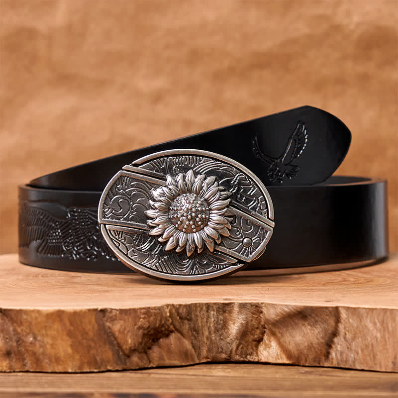 Men's DIY Sunflower Hidden Folding Knife Leather Belt - Sunflower - Black Embossed Eagle Belt - 42 - image 8