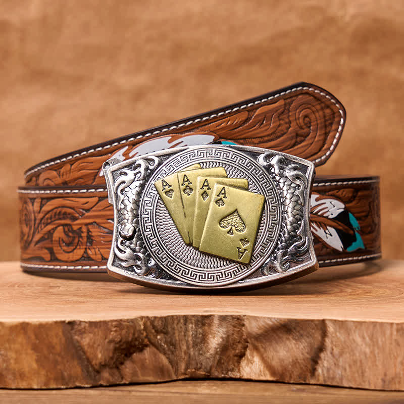 Men's DIY Gold Poker Hidden Folding Knife Leather Belt