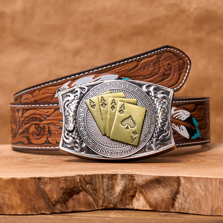 Men's DIY Gold Poker Hidden Folding Knife Leather Belt
