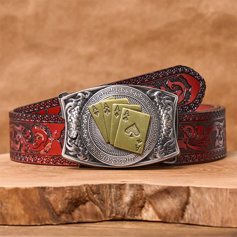 Men's DIY Gold Poker Hidden Folding Knife Leather Belt - Gold Poker - Brown Carved Belt - 42 - image 9