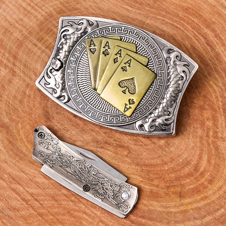 Men's DIY Gold Poker Hidden Folding Knife Leather Belt