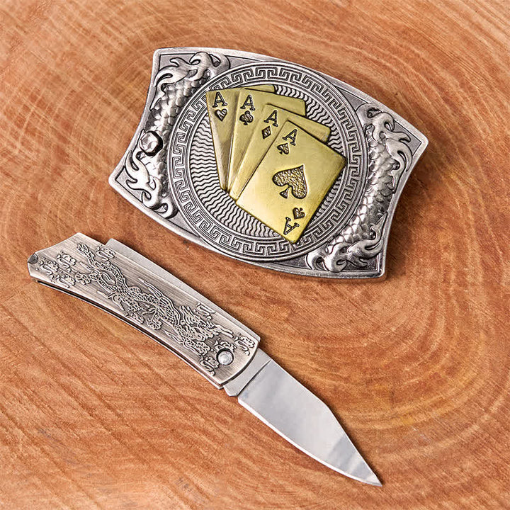 Men's DIY Gold Poker Hidden Folding Knife Leather Belt