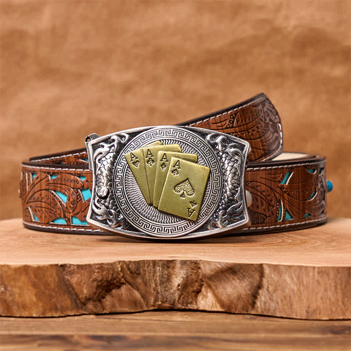 Men's DIY Gold Poker Hidden Folding Knife Leather Belt