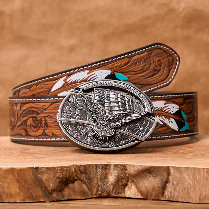 Men's DIY Eagle USA Flag Hidden Folding Knife Leather Belt - Eagle - Brown Feather Belt - 40 - image 13
