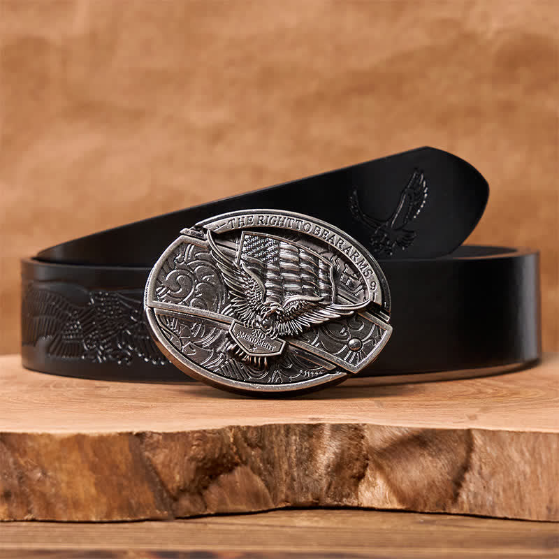 Men's DIY Eagle USA Flag Hidden Folding Knife Leather Belt - Eagle - Black Embossed Eagle Belt - 42 - image 10