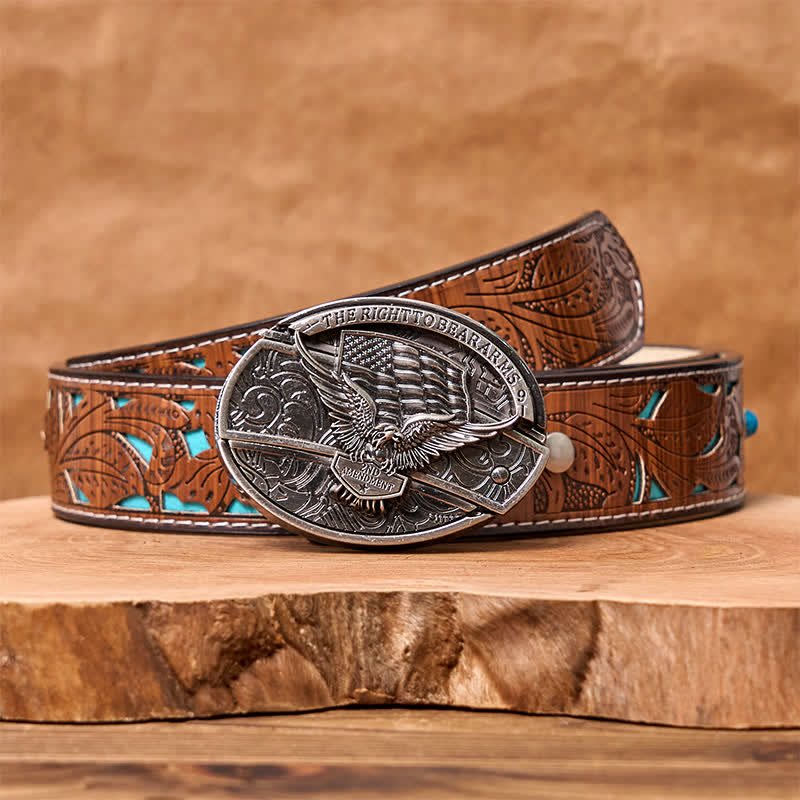 Men's DIY Eagle USA Flag Hidden Folding Knife Leather Belt - Eagle - Turquoise Carved Belt - 42 - image 9
