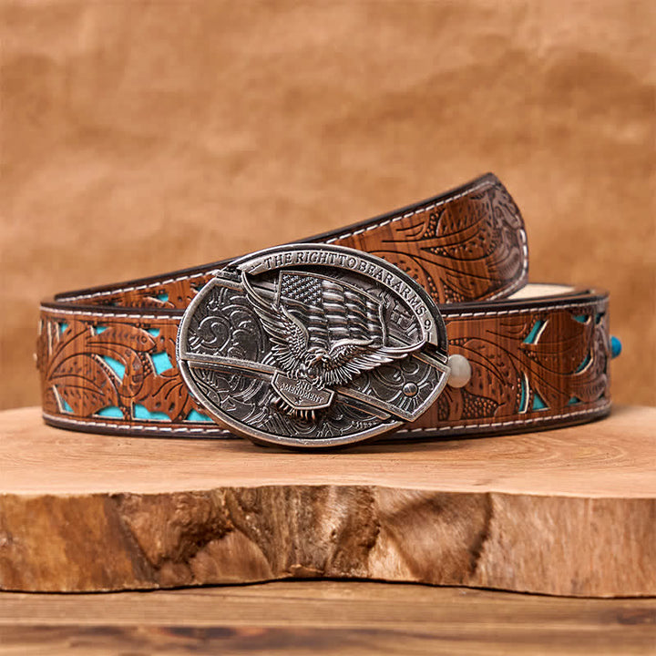 Men's DIY Eagle USA Flag Hidden Folding Knife Leather Belt - Eagle - Turquoise Carved Belt - 42 - image 9