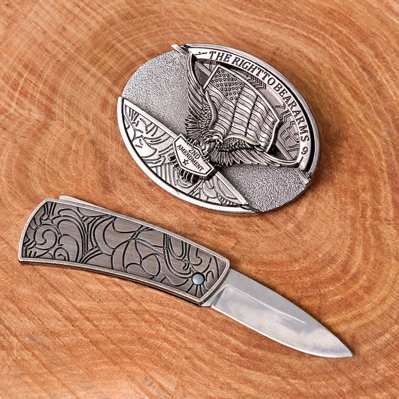 Men's DIY Eagle USA Flag Hidden Folding Knife Leather Belt - image 2