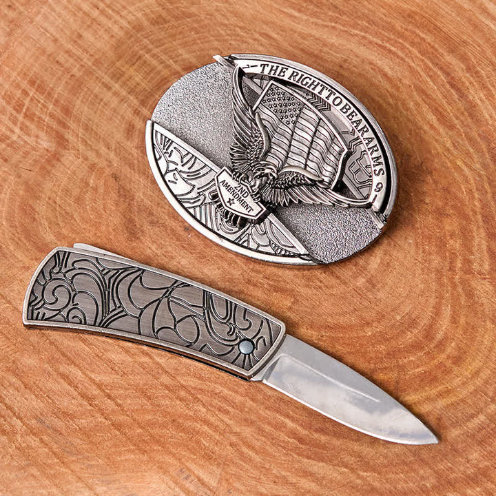 Men's DIY Eagle USA Flag Hidden Folding Knife Leather Belt - image 2