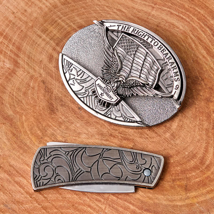 Men's DIY Eagle USA Flag Hidden Folding Knife Leather Belt - image 4