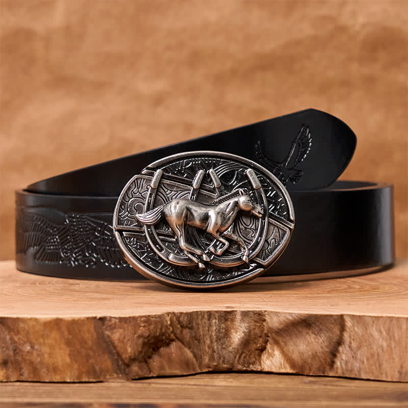 Men's DIY Galloping Horse Hidden Folding Knife Leather Belt - Galloping Horse - Black Embossed Eagle Belt - 42 - image 8