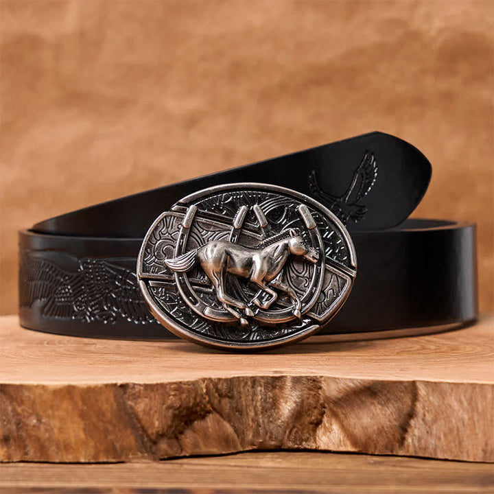 Men's DIY Galloping Horse Hidden Folding Knife Leather Belt - Galloping Horse - Black Embossed Eagle Belt - 42 - image 8