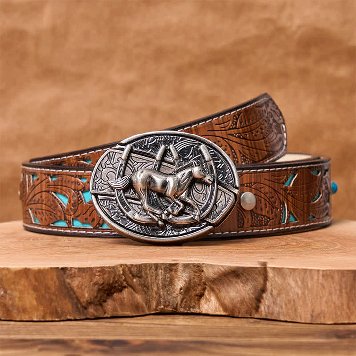 Men's DIY Galloping Horse Hidden Folding Knife Leather Belt - Galloping Horse - Turquoise Carved Belt - 42 - image 7