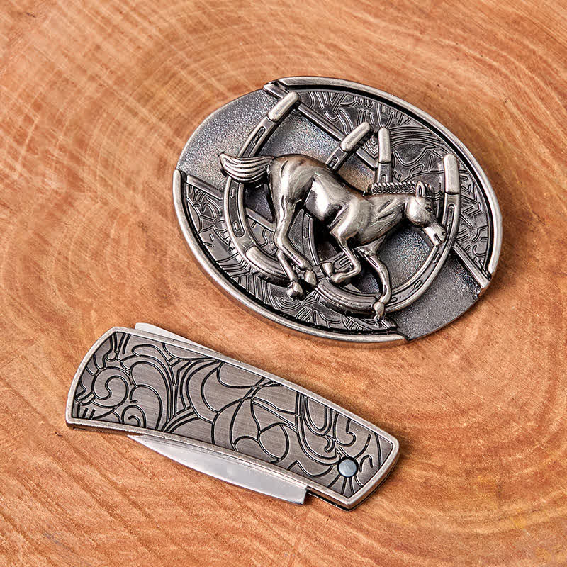 Men's DIY Galloping Horse Hidden Folding Knife Leather Belt - image 4