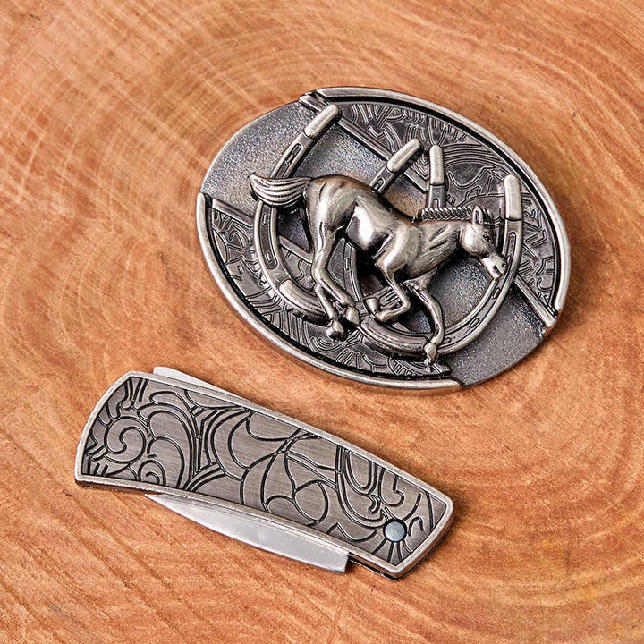 Men's DIY Galloping Horse Hidden Folding Knife Leather Belt - image 4