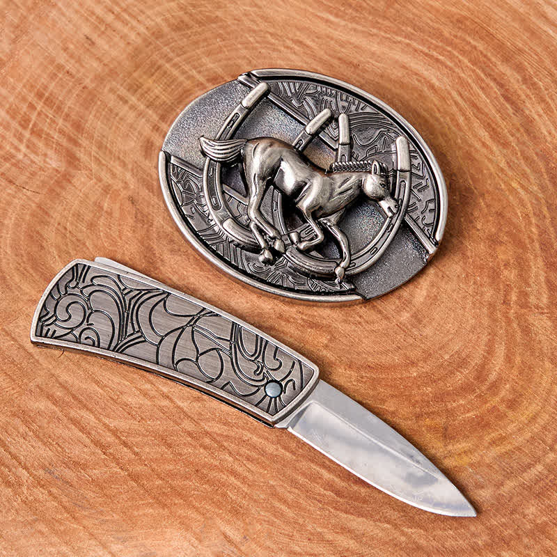 Men's DIY Galloping Horse Hidden Folding Knife Leather Belt - image 2
