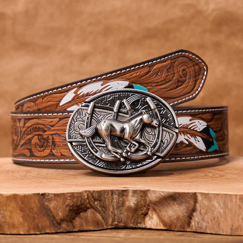 Men's DIY Galloping Horse Hidden Folding Knife Leather Belt - Galloping Horse - Brown Feather Belt - 40 - image 11