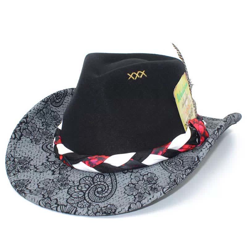 Two Tone Daisy Feather Decor Ethnic Strap Cowboy Hat - Black - M (22"-22 7/8") - image 6