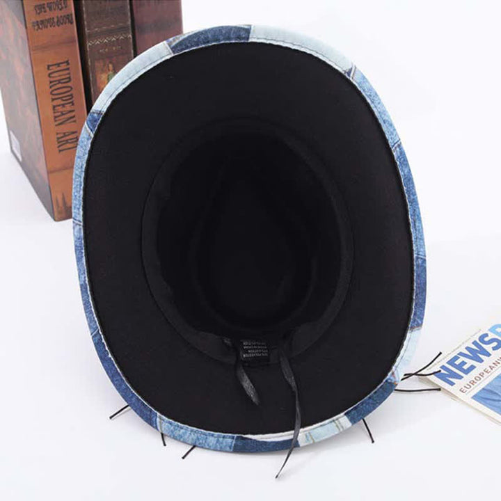 Color-blocking Design Wooden Beads Band Denim Cowboy Hat - image 4