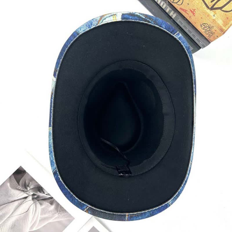 Color-blocking Design Green Feathers Denim Cowboy Hat - image 2