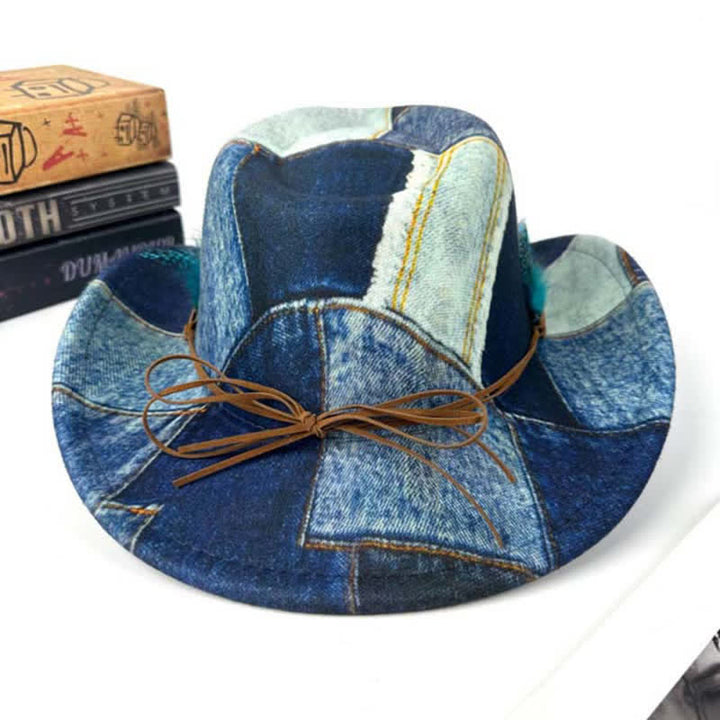 Color-blocking Design Green Feathers Denim Cowboy Hat - image 1