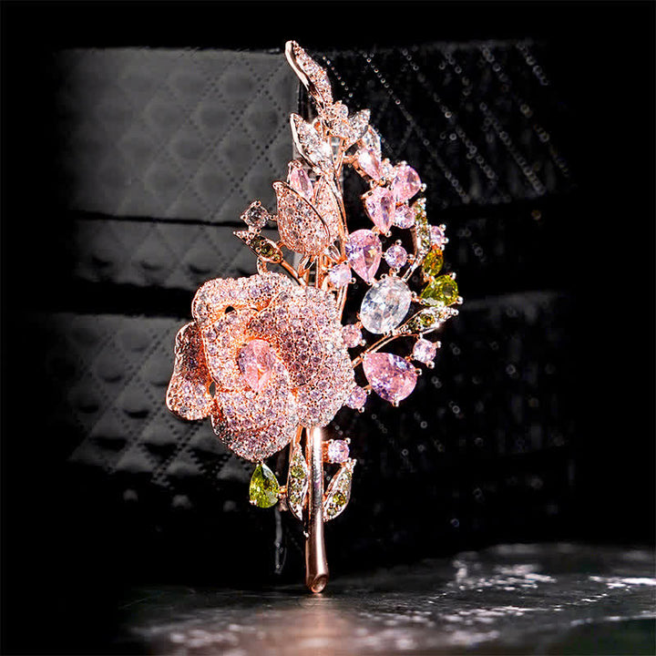 Women's Rose Flower Bouquet Zircon Brooch