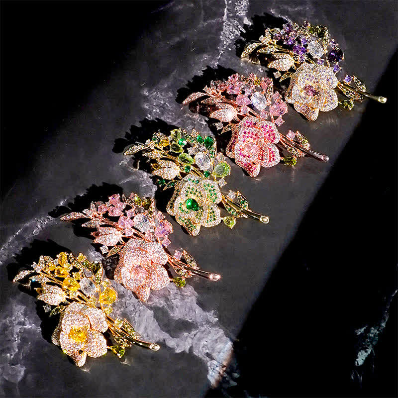Women's Rose Flower Bouquet Zircon Brooch