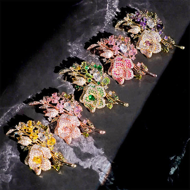Women's Rose Flower Bouquet Zircon Brooch