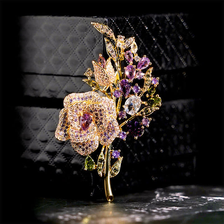 Women's Rose Flower Bouquet Zircon Brooch