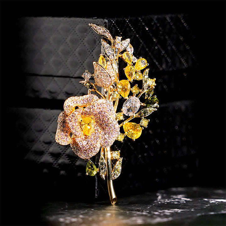 Women's Rose Flower Bouquet Zircon Brooch