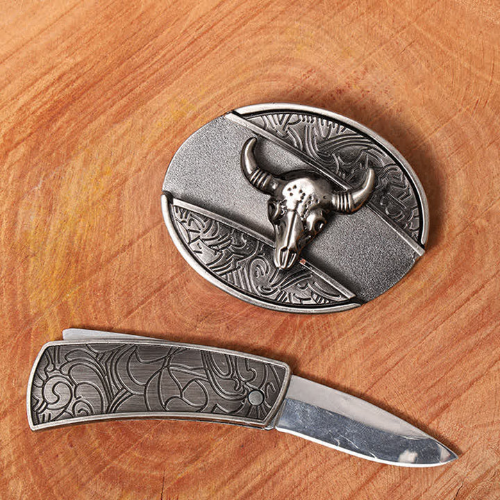 Men's DIY Longhorn Bull Hidden Folding Knife Leather Belt
