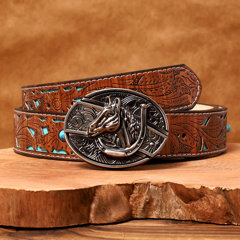 Men's DIY Horse Head Hidden Folding Knife Leather Belt