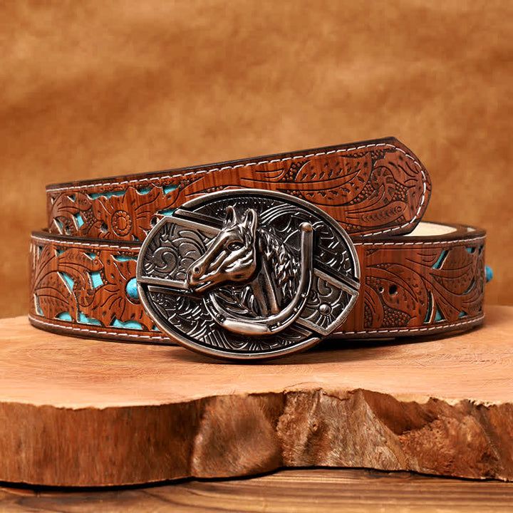 Men's DIY Horse Head Hidden Folding Knife Leather Belt