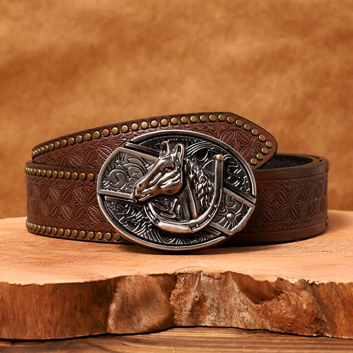 Men's DIY Horse Head Hidden Folding Knife Leather Belt