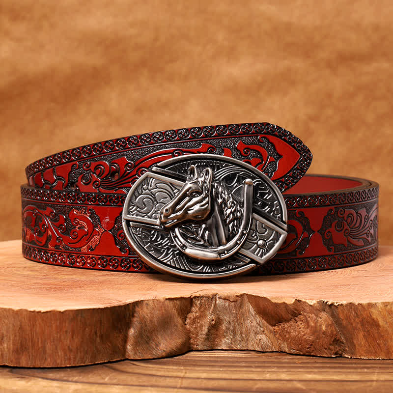 Men's DIY Horse Head Hidden Folding Knife Leather Belt