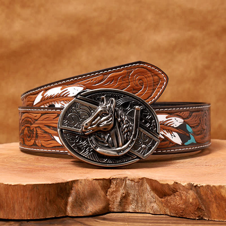 Men's DIY Horse Head Hidden Folding Knife Leather Belt