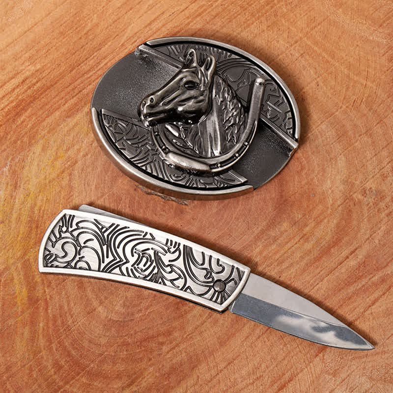 Men's DIY Horse Head Hidden Folding Knife Leather Belt