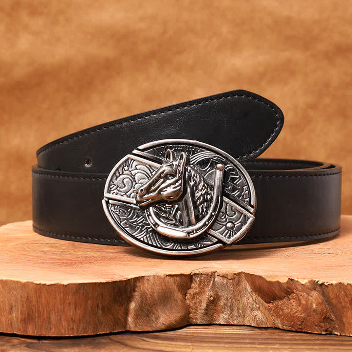 Men's DIY Horse Head Hidden Folding Knife Leather Belt
