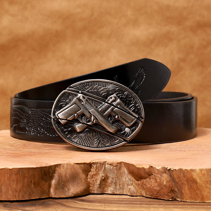Men's DIY Dual Gun Hidden Folding Knife Leather Belt - Dual Gun - Black Embossed Eagle Belt - 42 - image 6