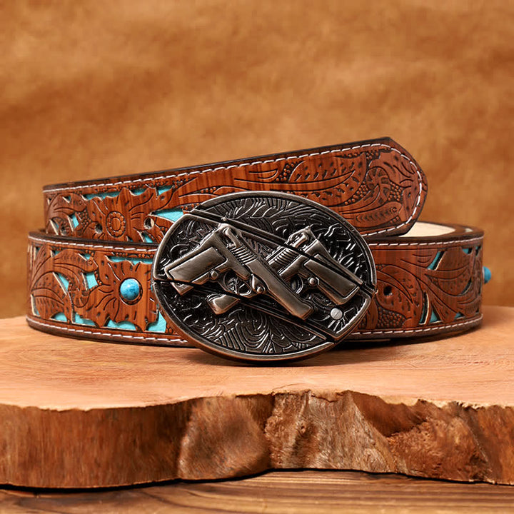 Men's DIY Dual Gun Hidden Folding Knife Leather Belt
