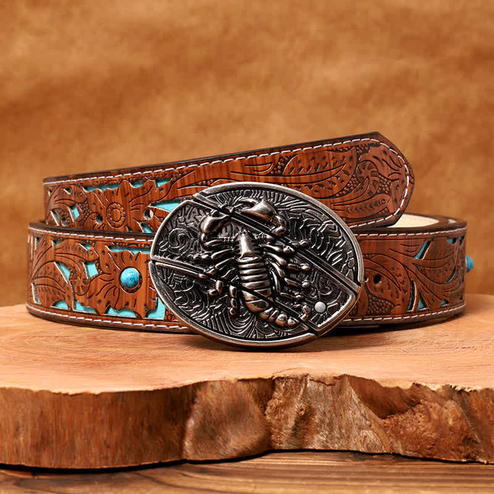 Men's DIY Scorpion Hidden Folding Knife Leather Belt