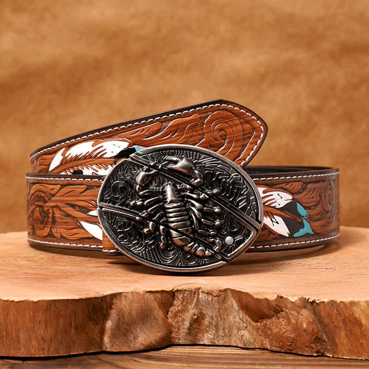 Men's DIY Scorpion Hidden Folding Knife Leather Belt - Scorpion - Brown Feather Belt - 40 - image 10