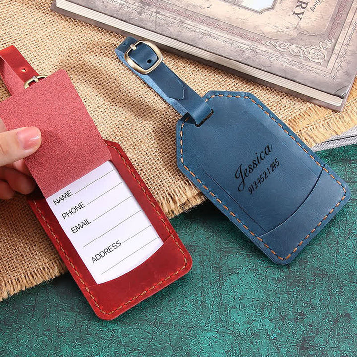 Retro One-Sided Custom Your Text Cowhide Leather Luggage Tag