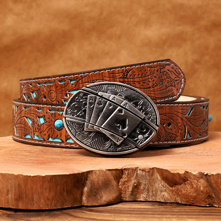 Men's DIY Poker 4 Ace Hidden Folding Knife Leather Belt - Poker 4 Ace - Turquoise Carved Belt - 42 - image 6