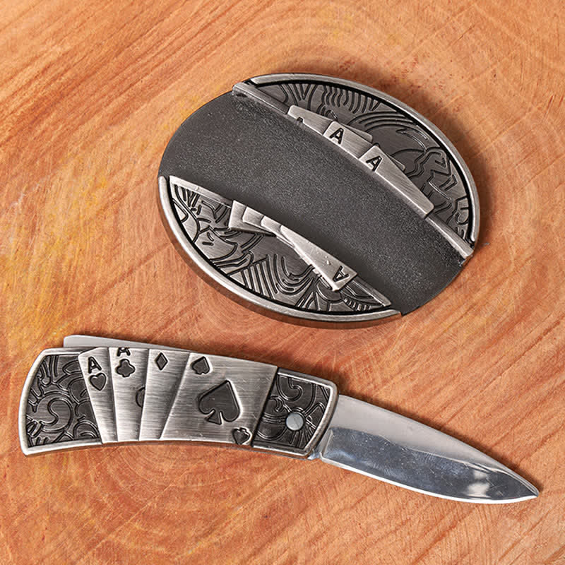Men's DIY Poker 4 Ace Hidden Folding Knife Leather Belt - image 2