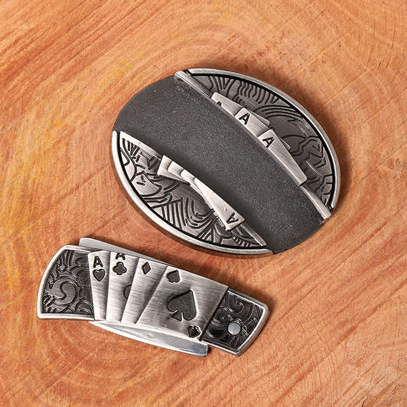 Men's DIY Poker 4 Ace Hidden Folding Knife Leather Belt - image 4