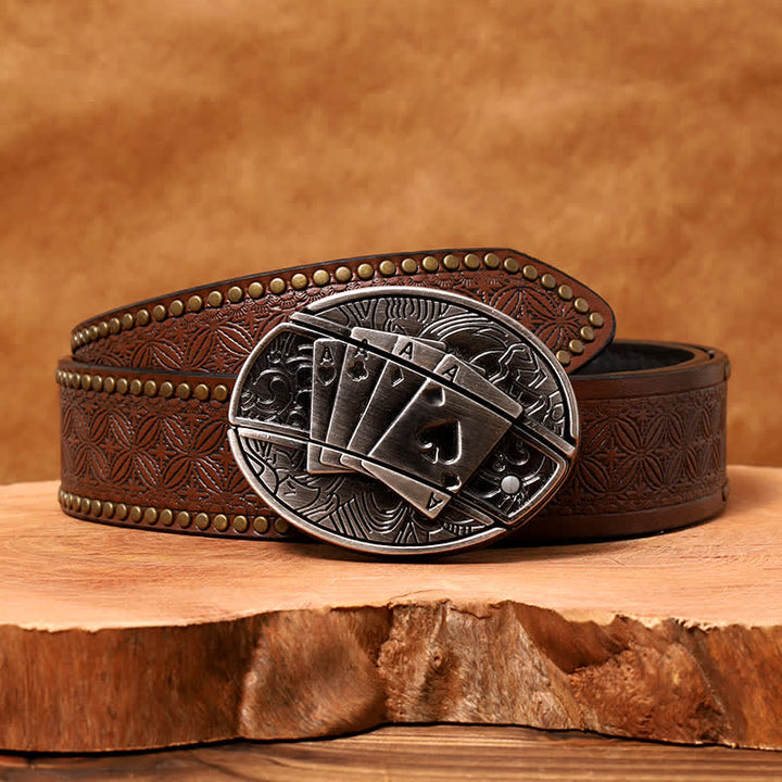 Men's DIY Poker 4 Ace Hidden Folding Knife Leather Belt - Poker 4 Ace - Brown Rivet Belt - 42 - image 9