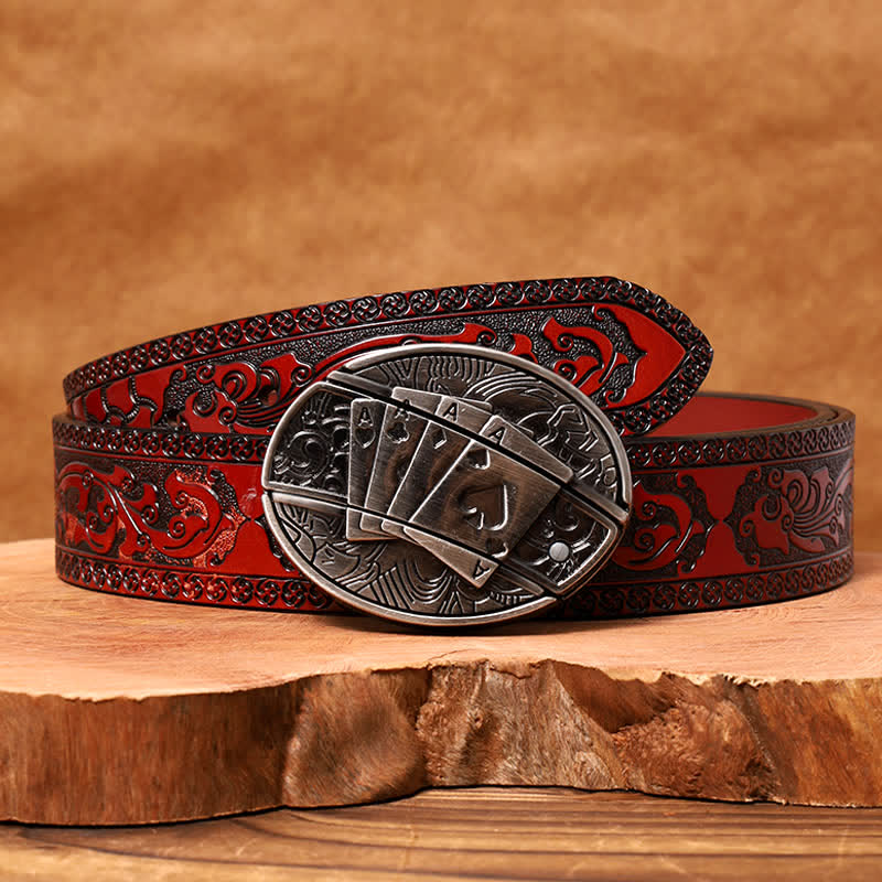 Men's DIY Poker 4 Ace Hidden Folding Knife Leather Belt - Poker 4 Ace - Brown Carved Belt - 42 - image 8
