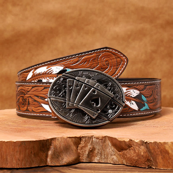 Men's DIY Poker 4 Ace Hidden Folding Knife Leather Belt - Poker 4 Ace - Brown Feather Belt - 40 - image 11