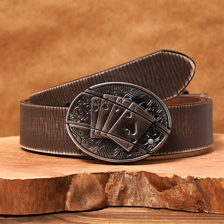 Men's DIY Poker 4 Ace Hidden Folding Knife Leather Belt - Poker 4 Ace - Brown Distressed Belt - 42 - image 10